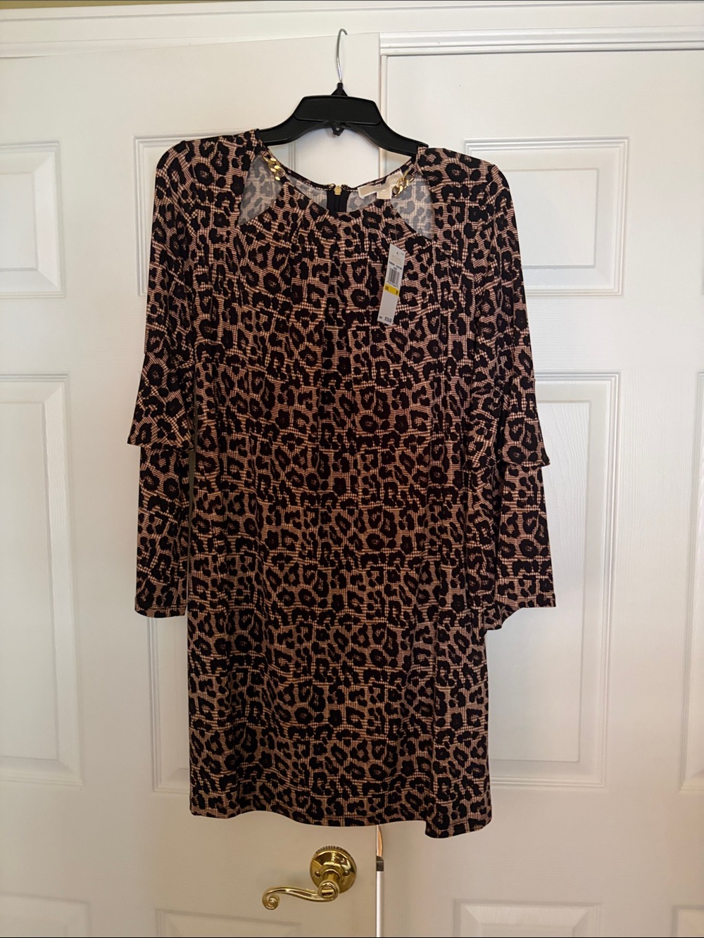 MICHAEL Michael Kors Leopard Print Long Sleeve Shift Dress - Black & Tan